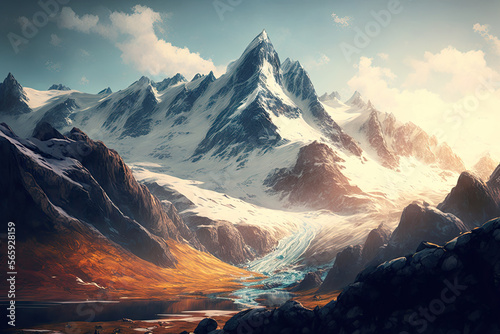 Majestic mountain range with soaring peaks  snow-capped summits  and rugged terrain  generative ai