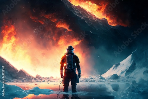 man in the mountains looking on the fight between fire and ice