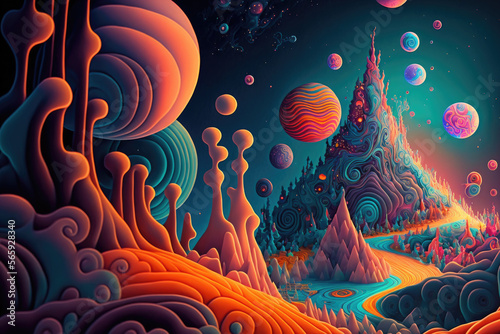 Psychedelic dreamscape with trippy shapes, colors, and patterns, generative ai