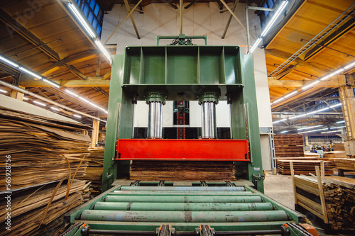 A large hydraulic press in the shop in the middle of the wood blanks presses the wood layers for the production of plywood. Film noise
