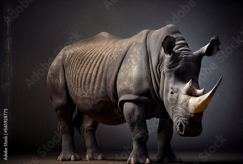 Fotografiet Rare Javan Rhinoceros on dark background created with AI