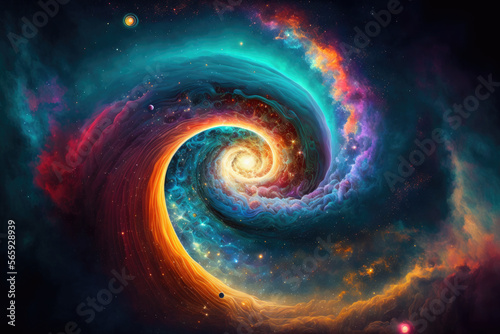 Vibrant  swirling galaxy with colorful stars and planets  in an endless space  generative ai