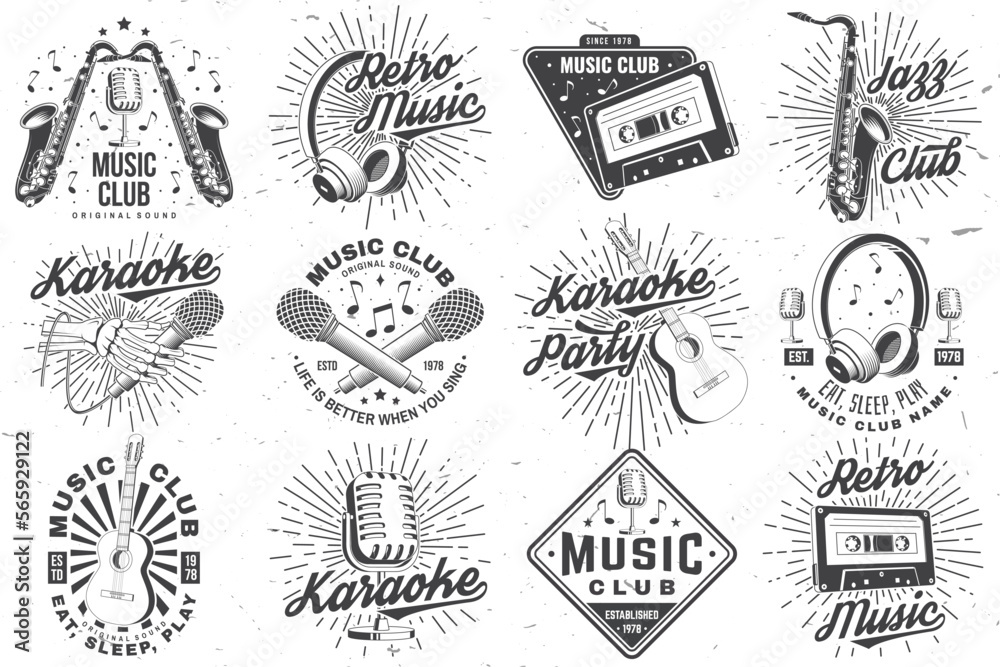 Retro music poster, banner. Retro microphone, saxophone , audio cassette, classical acoustic guitar with sunburst vintage typography design for t shirt, emblem, logo, badge design. Vector illustration