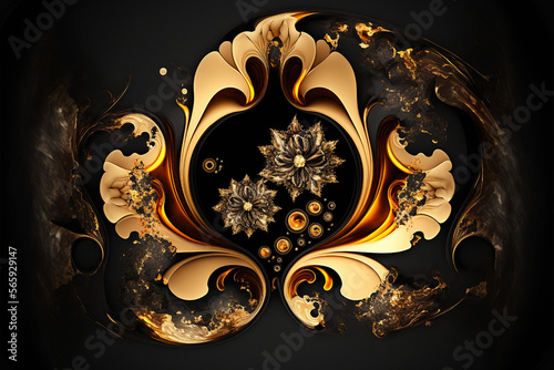 Abstract design of black, white and golden flowers on a marple background. Wallpaper for wall frames. Generative AI