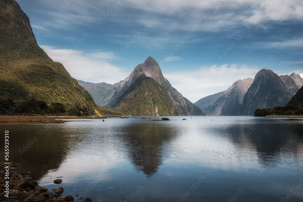 Mitre Peak at Milford Sound in New ZealandSunshine on Mitre Peak at Milford Sound in Fiordland in the South Island of New Zealand