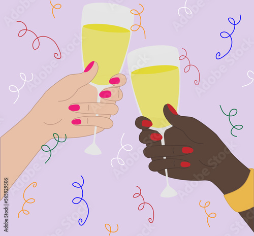 Vector illustration with two woman hands with black and white skin holding retro champagne glasses and party confetti in cartoon style