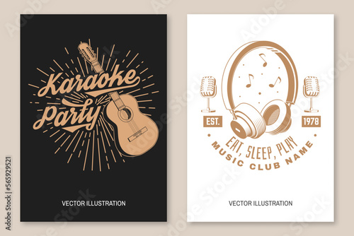 Karaoke party poster, banner. Retro classical acoustic guitar, headphone with sunburst vintage typography design for t shirt, emblem, logo, badge design. Vector illustration