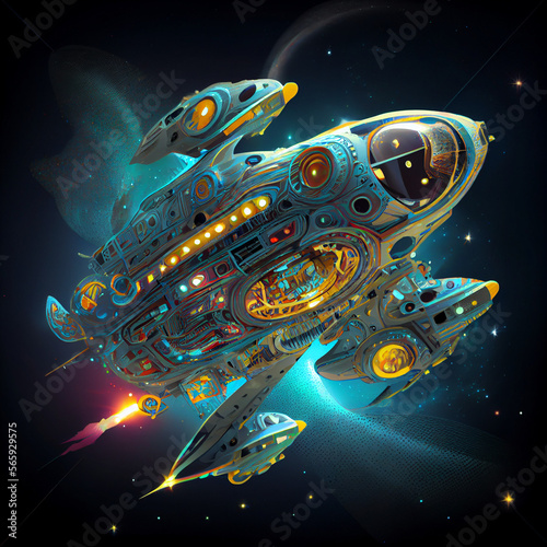 Photo Alien Space battle of spaceships and battle cruisers laser shots sparks and expl