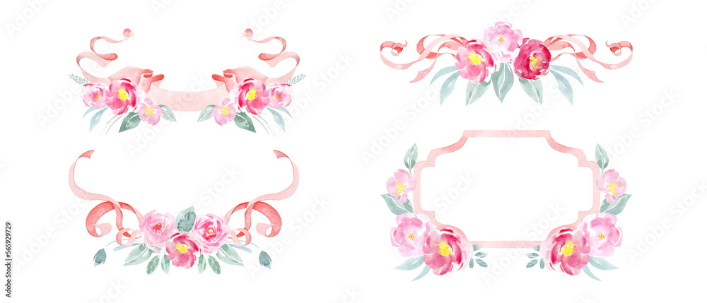 Frames and borders from ribbons and flowers. Festive frames for children's party, wedding cards and invitations. Blue ribbons and flowers. Pink ribbons and flowers. Monogram, watercolor clipart