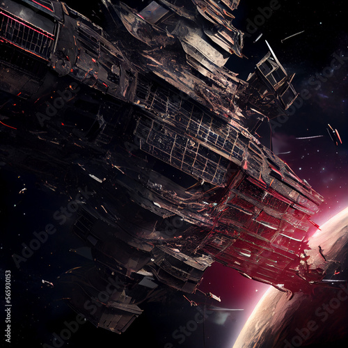 Fototapeta Alien Space battle of spaceships and battle cruisers laser shots sparks and expl