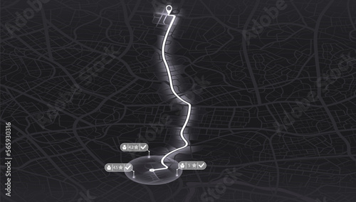 Pick up taxi. Gps map navigation to own house. Detailed view of city. Passenger location sharing for driver. City top view. Online navigation. Flat style, Vector, illustration isolated.