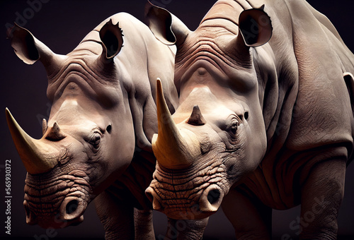 Portrait of two wild african rhinos.Generative Ai Art. Dark gray studio background.