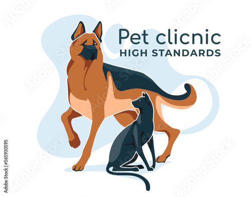 german shepherd and black cat sitting together isolated on white background. Advertising for breeders, pet stores, zoo clinics, zoo groomers. Vector flat illustration