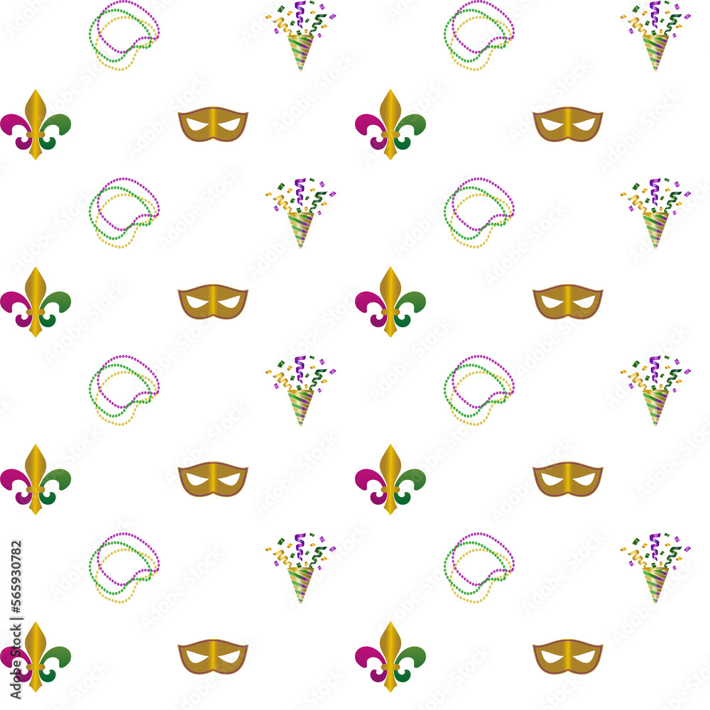 Mardi Gras Carnival Seamless pattern collection  Fleur de lis, masquerade mask, beads and fireworks Wallpaper decor