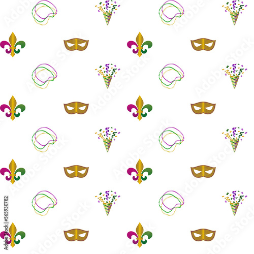 Mardi Gras Carnival Seamless pattern collection Fleur de lis, masquerade mask, beads and fireworks Wallpaper decor