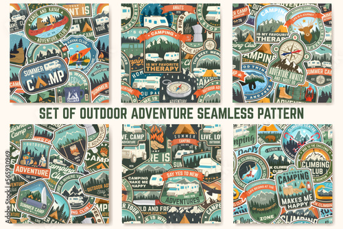 Set of Summer camp colorful seamless pattern with travel inspirational quotes. Vector. Background, wallpaper, seamless pattern with camper, camping climber, tent, mountain and forest silhouette.