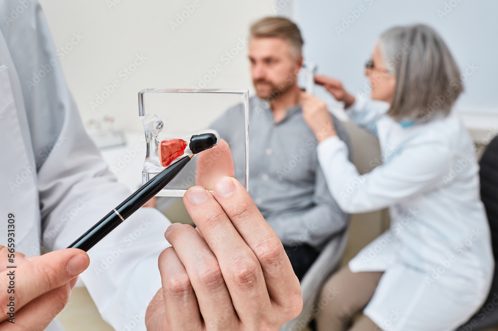 Hearing aid specialist doing ear examination and Completely