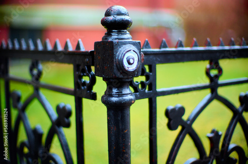 Victorian wrought iron fence in the rain
