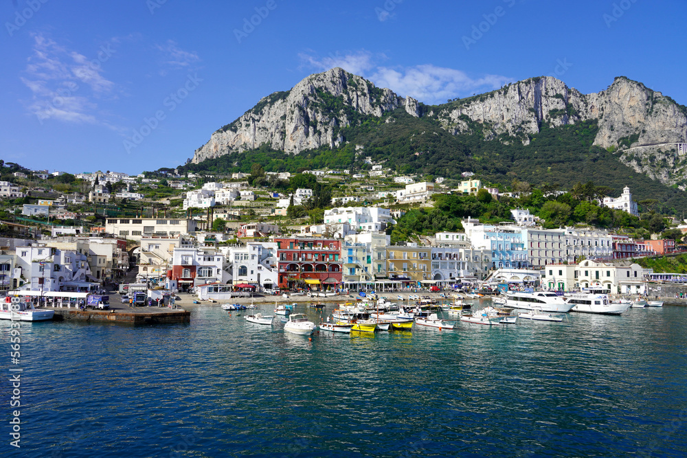 Wonderful view from the sea of Marina Grande port of Capri Island, Italy