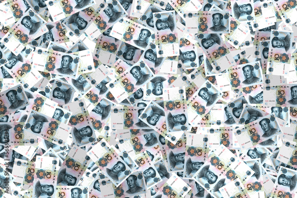 Background of scattered banknotes. Chinese banknote of 10 yuan.