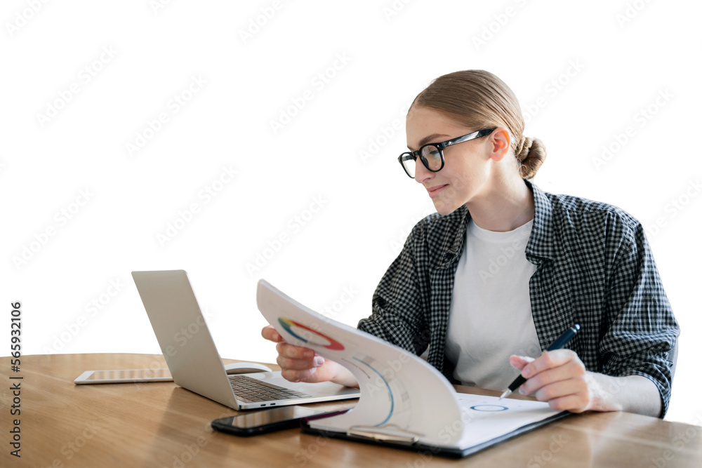 A woman with glasses office making a report using a laptop in the office workplace, isolated transparent background. A woman with glasses office making a report using a laptop in the office workplace, isolated transparent background.