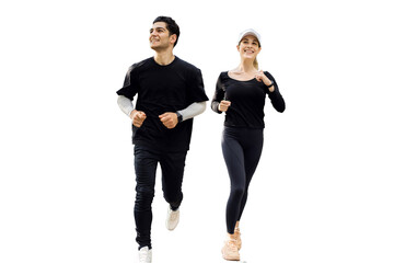 Two people running a man and a woman in fitness clothes jogging, isolated transparent background.
