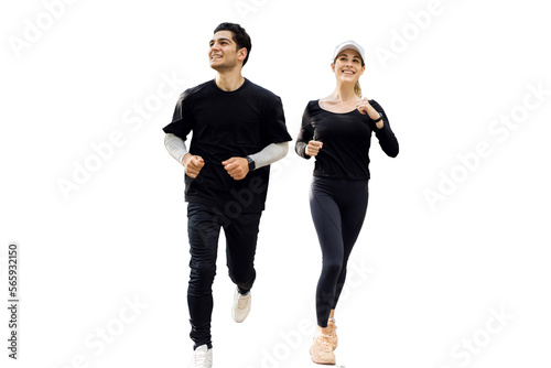 Two people running a man and a woman in fitness clothes jogging, isolated transparent background.