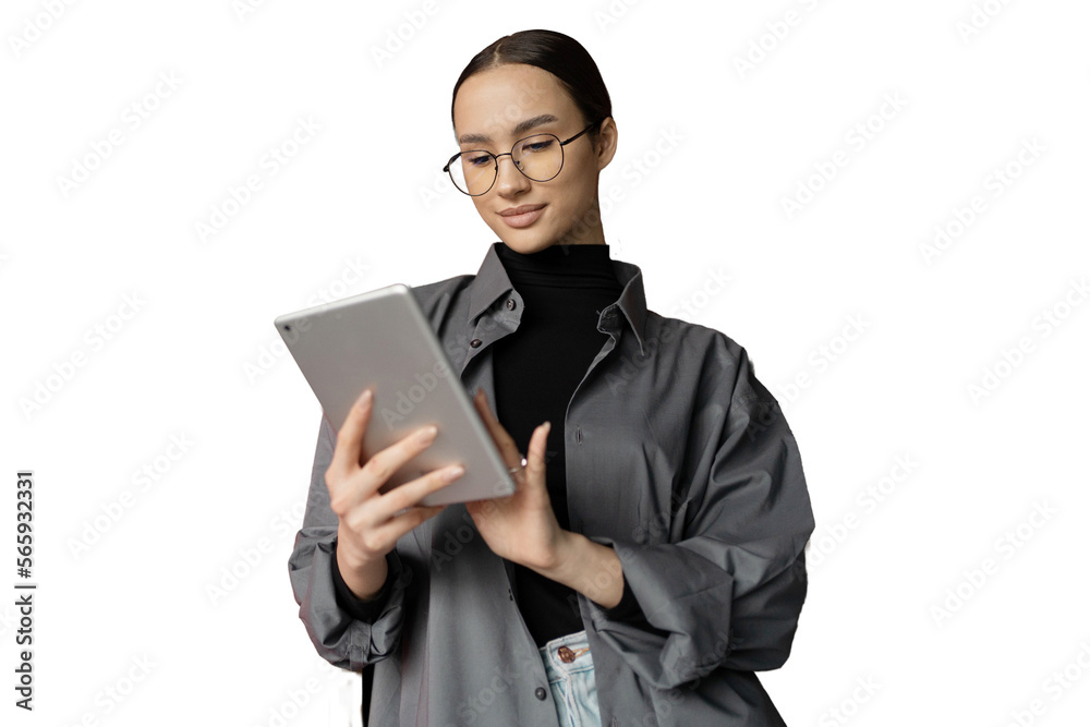 Student woman glasses in office manager online job holding tablet, isolated transparent background. Student woman glasses in office manager online job holding tablet, isolated transparent background.