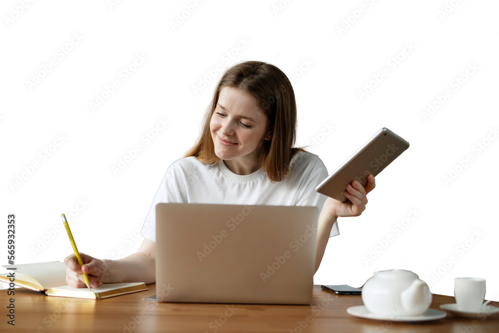 Female student using laptop and tablet learning online, isolated transparent background. Female student using laptop and tablet learning online, isolated transparent background.