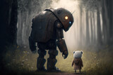 Two friends - a large kind robot and a small white teddy bear in the forest. Back view. Created with Generative AI.