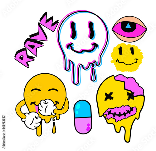 Acid smile face with brain. Melted rave set