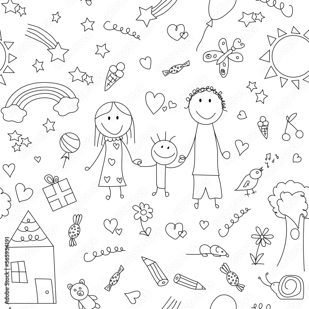 Hand drawn doodle seamless pattern.Family,happy childhood concept. Hand drawn doodle seamless pattern.Family,happy childhood concept.