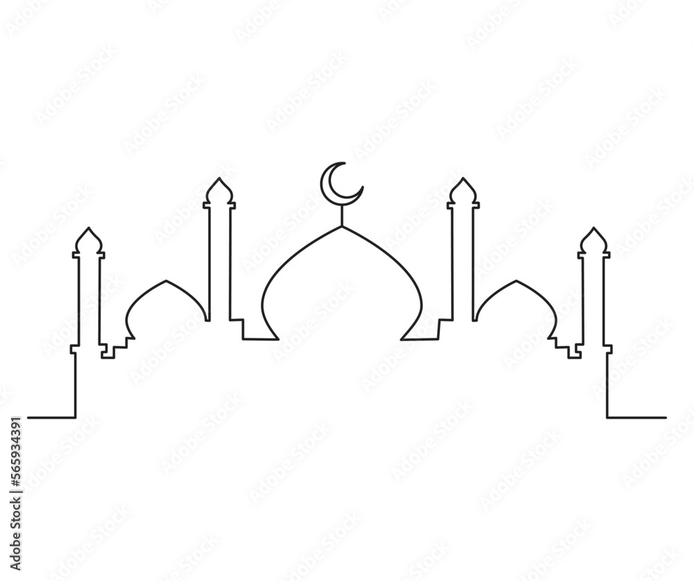 Vetor de Continuous line drawing Islamic mosque illustration vector in