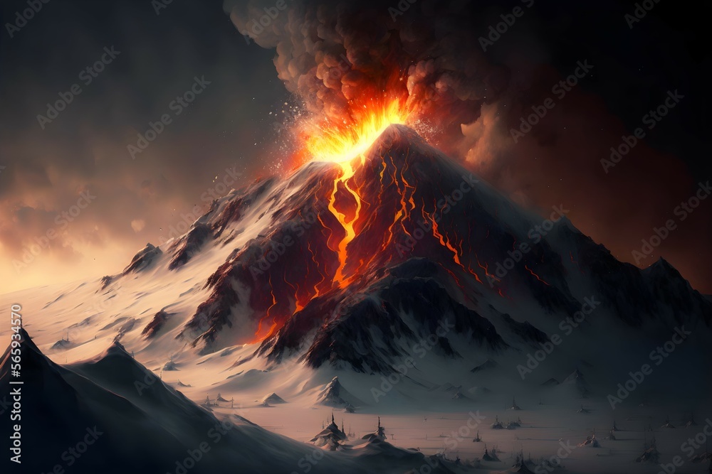 Illustration of an exploding volcano in a snowy mountains scenery. Generative AI