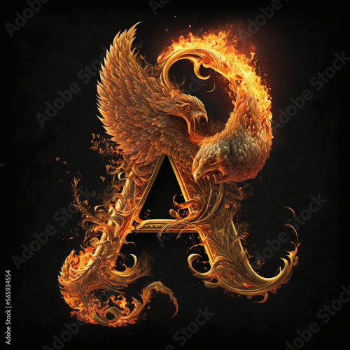 A beautiful gold letter  A  covered in flames with a phoenix sitting on it 