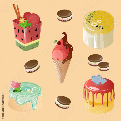 Sweet desserts. Cake, pie, ice cream, brownie. Pastry vector illustration. Sweet treats for lovers.