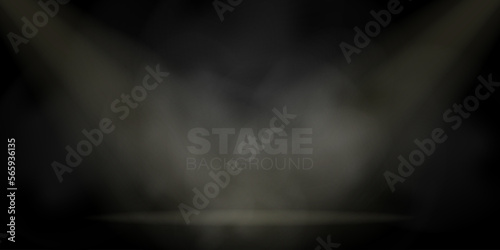 Stage illuminated with fog, blank vector background for presentation. Spotlight scene, foggy concert hall illustration.