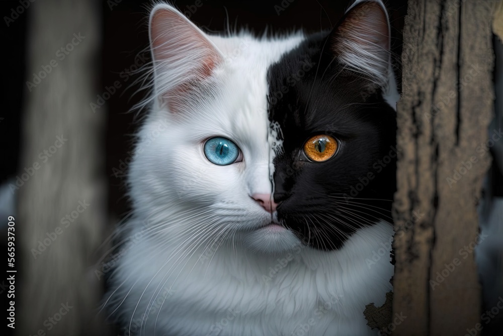a half white half black cat with perfect symmetry and  different color pupils by ai generative