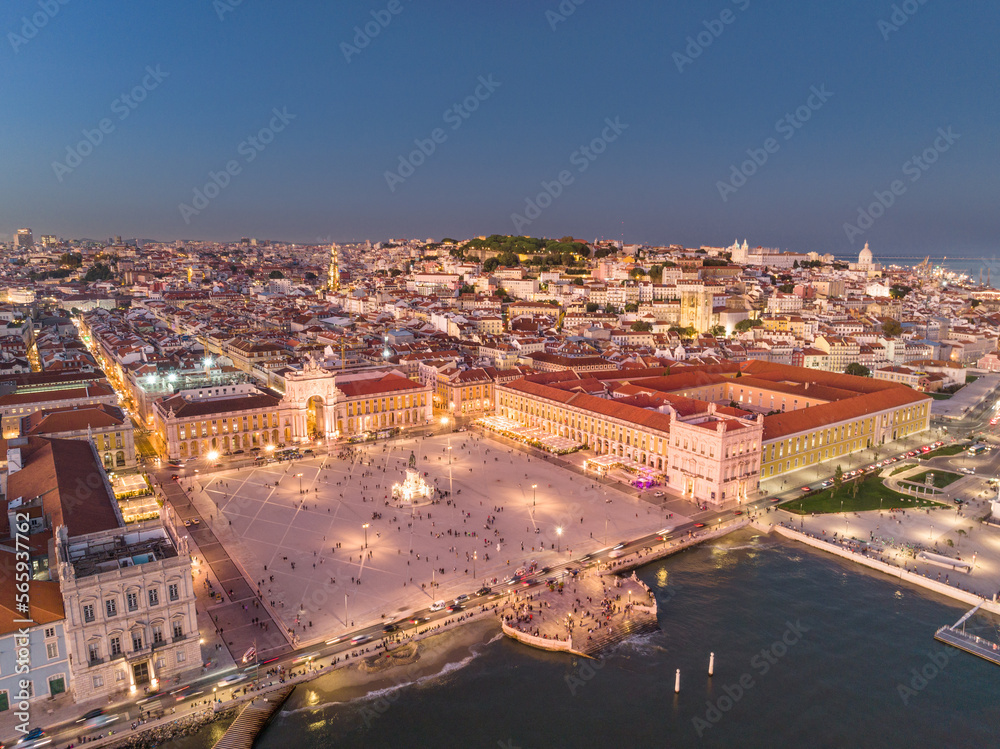 Commerce Square at night in Lisbon, Portugal. Palace Yard, Royal Palace of Ribeira. Drone Point of View