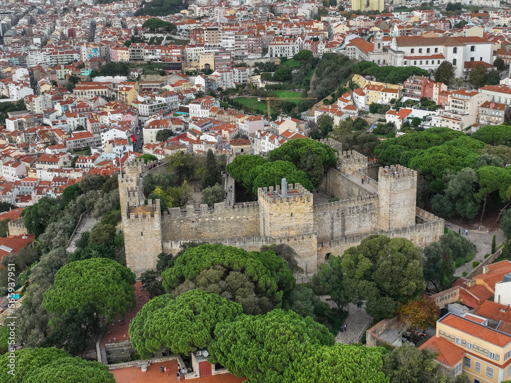 Saint George's Castle in Lisbon, Portugal. Drone Point of View