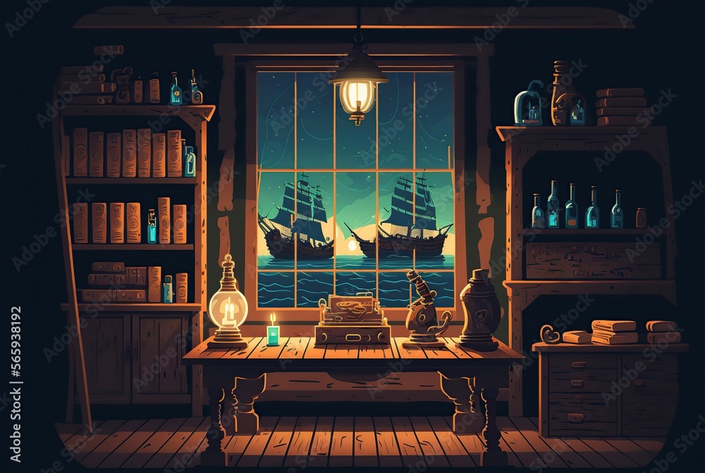 cartoon illustration, cabin of a pirate ship, generative AI