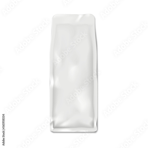 Blank white sachet package vector mockup. Long flexible plastic or foil packet mock-up. Template for design