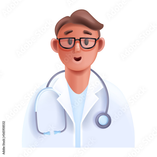 3D doctor medical online consultation avatar, vector healthcare expert icon, smiling therapist. Cartoon male cardiologist character, stethoscope, hospital white coat. Young 3D doctor person portrait