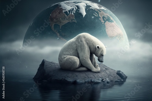 polar bear sits against the backdrop of the planet earth created with Generative AI technology