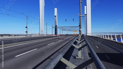 Hisingsbron just after it was opened. A single tram traveling across the brigde. photo