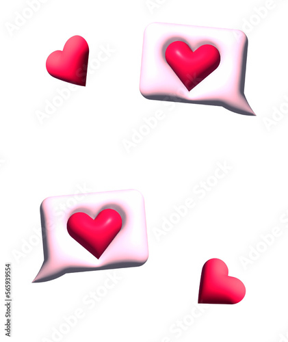 Set of heart in speech bubble icon isolated on a white background. Love like heart social media notification icon. Emoji, chat and Social Network. 3d rendering, 3d illustration transparent background