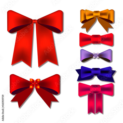 Realistic bow set. Red pink, purple, orange silk ribbons with bows festive decor satin rose, luxury elements for holiday packaging and design, elegant gift tape 3d vector decor set on white background