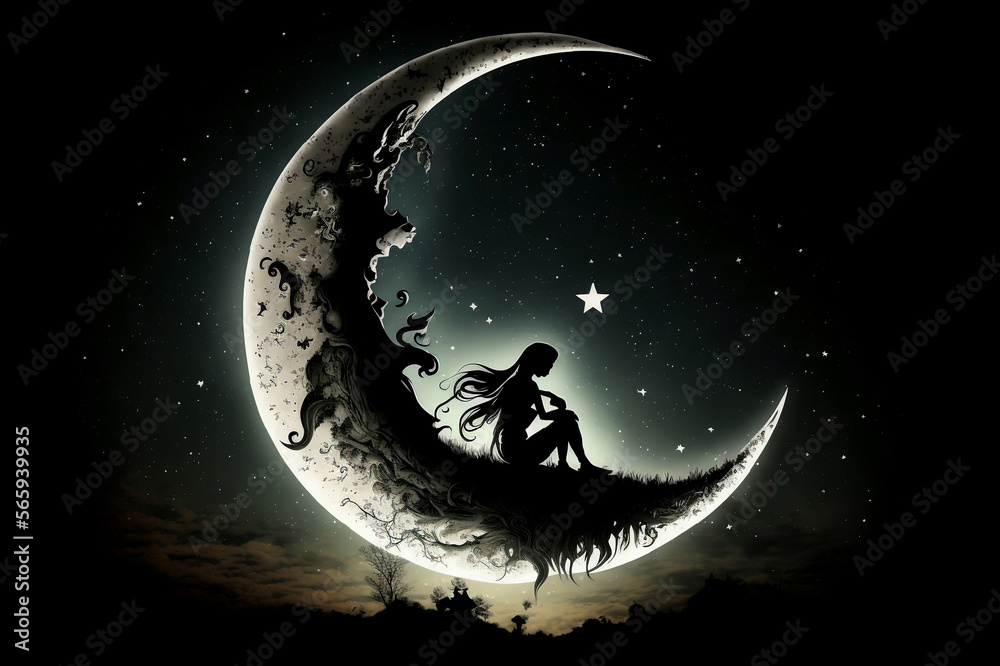 fée avec des ailes assise sur un croissant de lune - illustration ia