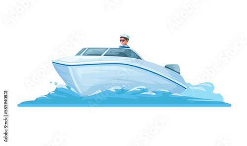 Man riding Speed Boat water transportation cartoon illustration vector