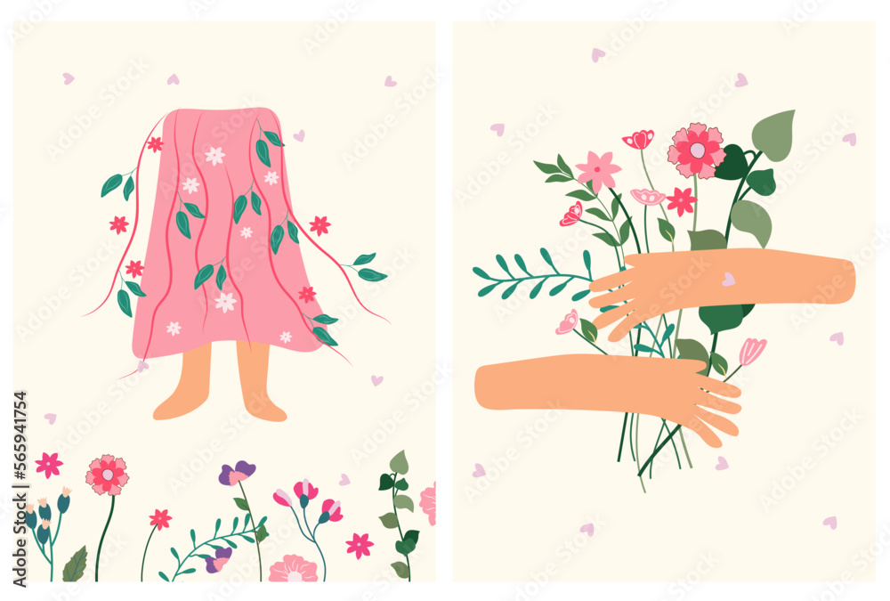 Bright compositions, a hand embracing a bouquet of wildflowers and a silhouette of a woman's skirt with flowers and leaves. Can be used as greeting cards, banners, cards, posters. Vector illustration.